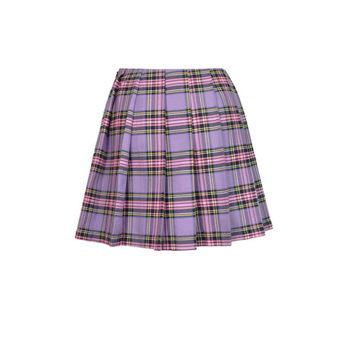 Punk purple checked splicing black pleated short skirt KW175